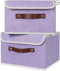 ANMINY 2PCS Storage Bins with Lid PU Leather Handles Storage Boxes PP Plastic Board Decorative Foldable Lidded Cotton Linen Fabric Home Cubes Baskets Closet Organizer Containers - Purple, Small Size