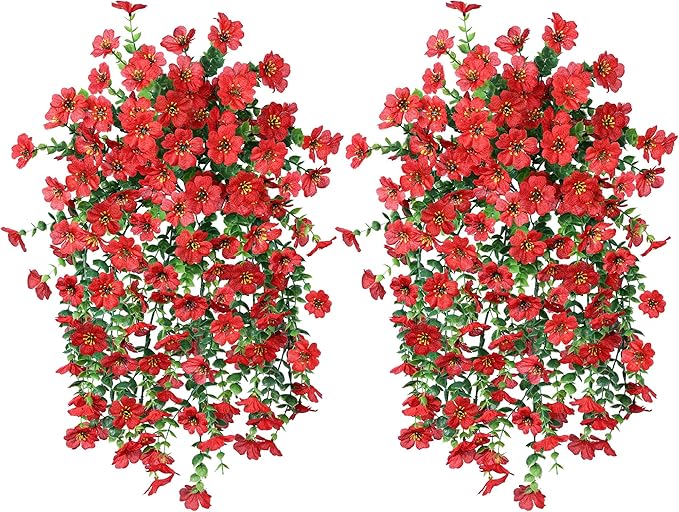 INSPRING Artificial Faux Outdoor Outside Flowers Plants, 2 PCS Fake Silk UV Resistant Look Real Red Daisy Trailing Vines for Front Door Porch Planter Urn Patio Balcony Decoration