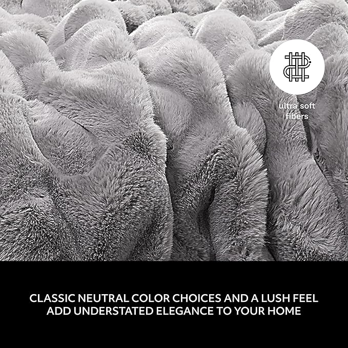 Mon Chateau 60" x 70" Faux Fur Throw Blanket - Reversible Soft Blanket for Queen-Size Bed, Couch, or Sofa, Cozy Home Decor and Stylish Living Room Comfort in Grey