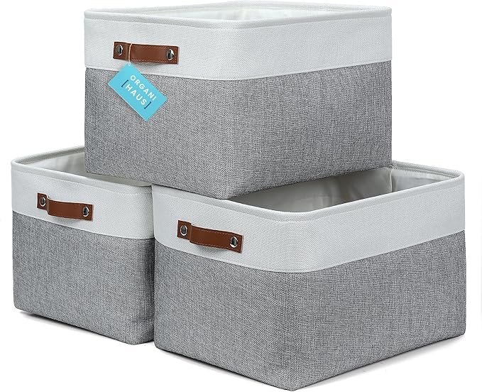 OrganiHaus Extra Large Fabric Storage Baskets for Shelves 3 Pack | 16x13in Closet Storage Bins for Shelves | Cloth Baskets for Organizing | Linen Closet Organizers | Fabric Storage Bin - Gray/White