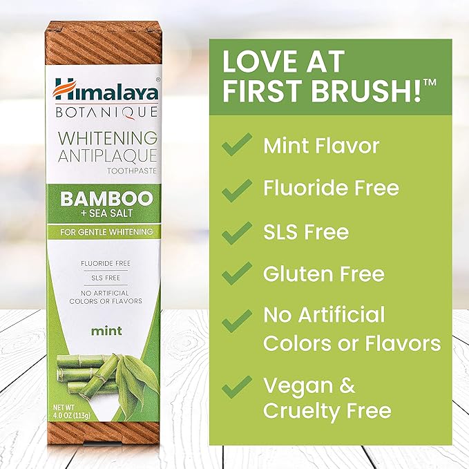 Himalaya Botanique Whitening Antiplaque Toothpaste with Bamboo + Sea Salt, Fluoride Free, for Gentle Whitening, 4 oz