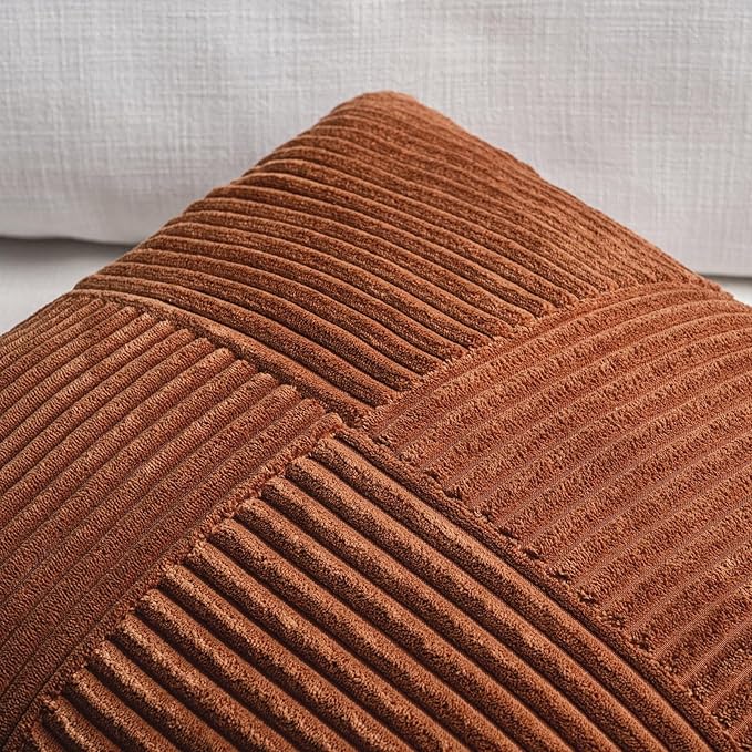 Fancy Homi 2 Packs Rust Lumbar Decorative Throw Pillow Covers 16x32 Inch for Couch Bed Sofa, Rustic Farmhouse Boho Home Decor, Soft Striped Corduroy Rectangle Accent Terracotta Cushion Case 40x80 cm