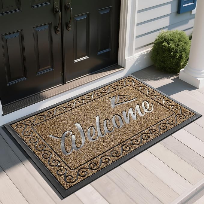 Yimobra Welcome Mat, Heavy Duty Sturdy Door Mats for Home Entrance Outdoor Indoor, Front Doormat for Outside Patio Floor Entry Porch Garage Office, Waterproof, Low Profile, 47X32 Inches, Beige Brown