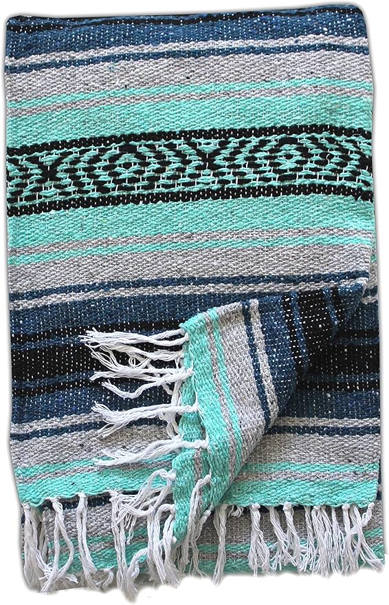 Del Mex Classic Mexican Blanket, Large Authentic Woven Falsa Throw (70"x50"), Artisan Southwest Décor for Beach, Yoga, Outdoors (Navy/Mint)
