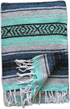 Del Mex Classic Mexican Blanket, Large Authentic Woven Falsa Throw (70"x50"), Artisan Southwest Décor for Beach, Yoga, Outdoors (Navy/Mint)