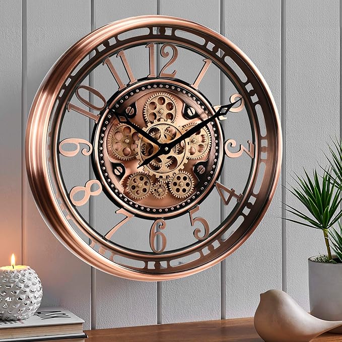CLXEAST 21 Inch Moving Gear Wall Clock for Modern Farmhouse Living Room Decor,Large Industrial Steampunk Wall Clock for Home Office,Metal Copper Finished,House Warming Gifts New Home