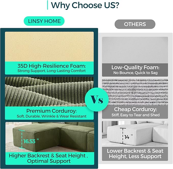 LINSY HOME Modular Sectional Sofa, 134" Boneless Couch L Shaped 4-Seat Sofa with Movable Ottoman, Corduroy Sectional Cloud Couches for Living Room, No Assembly Required, Green