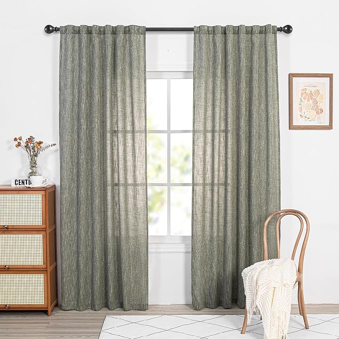 MYSKY HOME Short Curtains for Bedroom Semi Sheer Light Filtering Privacy Drapes for Small Window Linen Look Textured Boho Home Decor Backdrop Curtain for Parties, 50" x 63", Olive Green, 2 Panels