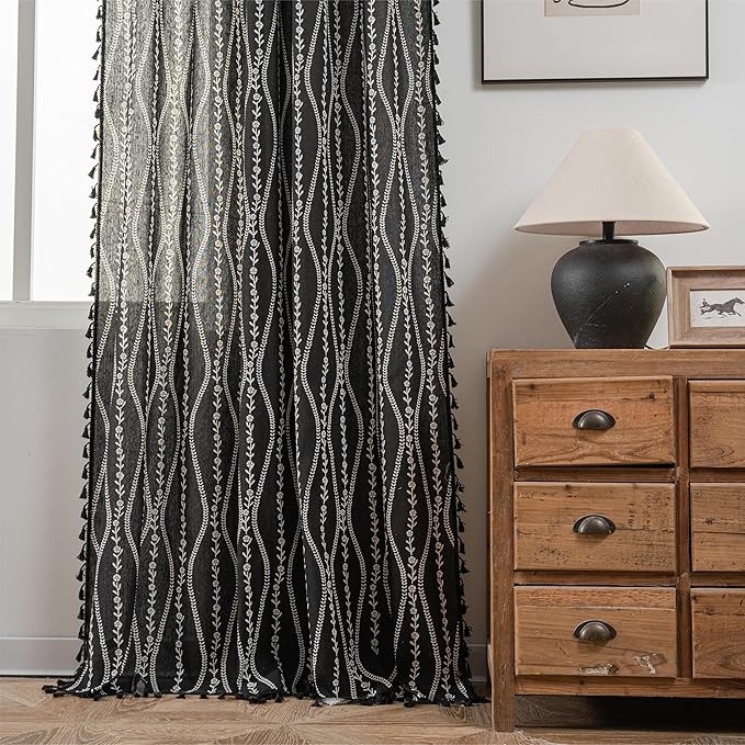 Sutuo Home Boho Curtains 96 Inches Long for Bedroom Living Room Kitchen, Stripe Floral Bohemian Tassels Country Window Treatment Drape for Halloween Decorations Rod Pocket, 1 Panel 59"W x 96"L,Black