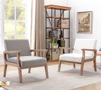Mid Century Modern Accent Chair Set of 2, Linen Upholstered Living Room Accent Armchair with Wood Frame, Farmhouse Chair for Living Room Bedroom, Ivory