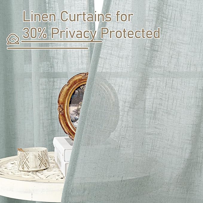 LAMIT Living Room Linen Curtains 95 Inch for Bedroom, Bronze Grommet Linen Textured Sheer Curtains Light Filtering Burlap Drapes for Farmhouse, 2 Panels, 52 x 95 Inch, Greyish Blue