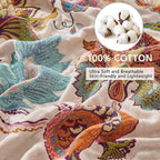 Summer Boho Throw Blanket for Bed, Multi Reversible Blanket Washable Breathable,Lightweight 4-Layer King Size Quilt for Bed,Floral Birds, 100% Cotton Muslin Large Travel Throw Blanket,90"x98"