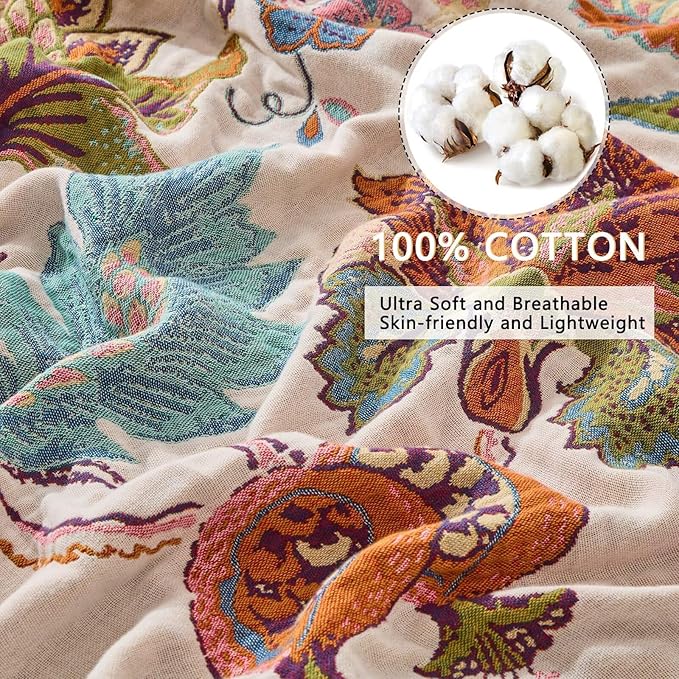 Boho Throw Blanket for Bed Couch 100% Cotton Woven Bed Throws for Summer, Lightweight and Soft Cozy Farmhouse Reversible Muslin Decorative Blanket for Travel Picnic, Teal/Cream, 80"x90"