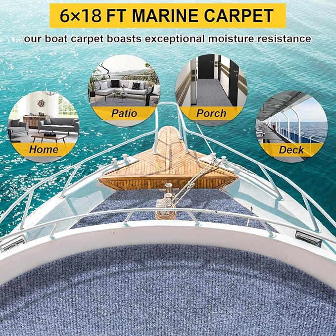 Marine Carpet,6 FT x 18 FT Blue-Gray Indoor Outdoor Carpet 0.2" Thick Boat Carpet with Water-Proof TPE Backing, Non-Slide Outdoor Marine Carpet Roll for Home, Patio, Porch, Deck