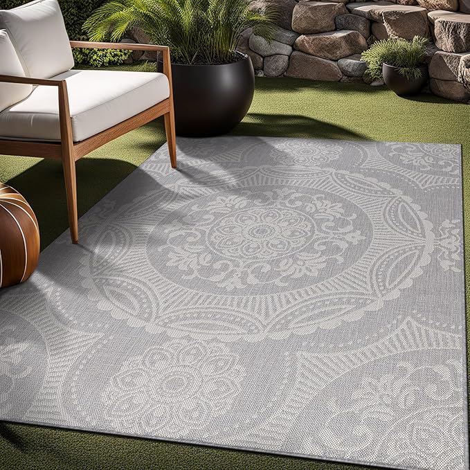 Medallion Outdoor Rug 10x14 Washable Outside Carpet for Indoor Patio Porch Waterproof Easy Cleaning Non Shedding Area Rugs Gray 10 x 14