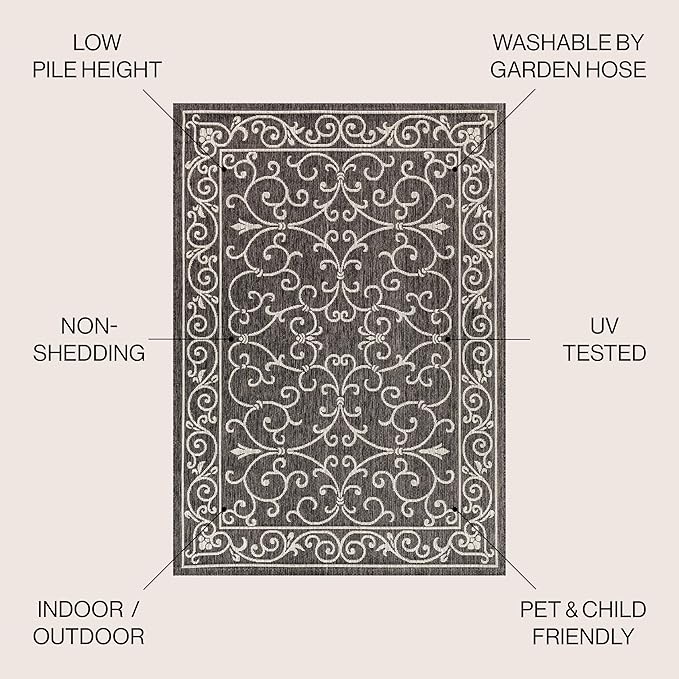JONATHAN Y Vintage Filigree Indoor Outdoor Round Area Rug 5 Ft Black/Gray, Charleston Textured Weave for Backyard, Patio, Porch, Easy-Cleaning, High Traffic, Pet-Friendly, Non-Shedding (SMB106G-5R)