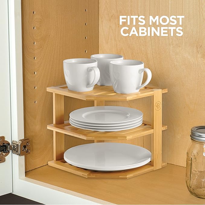 2-Pack Plate Organizer for Cabinet - Bamboo Corner Shelf for Kitchen or Bathroom Storage, Space-Saving Rack for Dishes, Countertop, Cabinet, Pantry - Organization & Housewarming Gift