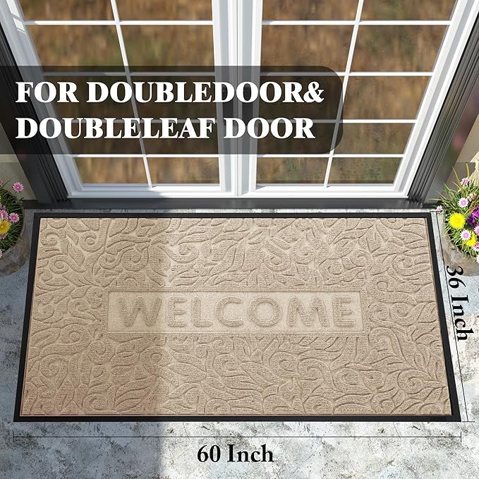 Yimobra Welcome Front Door Mat Outdoor, Heavy Duty Sturdy Non Slip Doormats, Rubber Backing, Low-Profile Entrance Rugs, Absorbent Resist Dirt, Easy Clean Patio Garage Floor Mats, 60X36 Inch, Beige