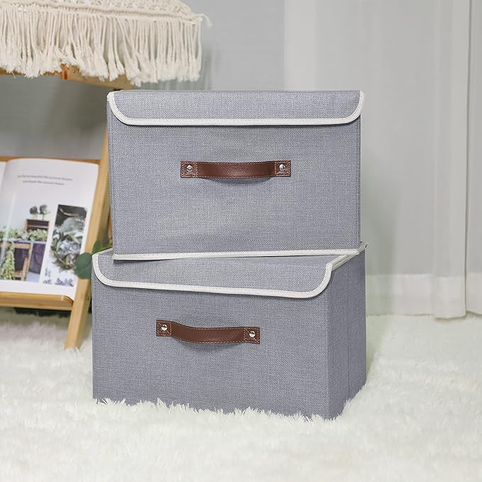 ANMINY 4PCS Storage Bins with Lid PU Leather Handles Storage Boxes PP Plastic Board Decorative Foldable Lidded Cotton Linen Fabric Home Cubes Baskets Closet Organizer Containers - Gray, Large Size