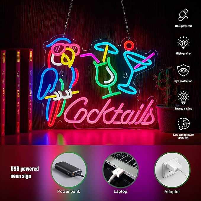 Parrot Cocktail Neon Sign for Wall Decor Bar LED Light Beer Wine Alcohol Man Cave Garage USB Powered Dimmable Art Signs