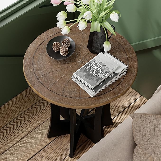Farmhouse Round End Table with Criss-Cross Wood Legs
