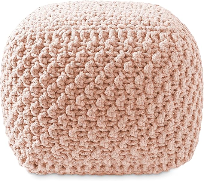 Casafield Square Pouf Ottoman, Light Pink 18.5" W x 18.5" D x 14.5" H Cotton Knit Foot Stool - Boho Floor Pouffe for Living Room, Bedroom, Home Office
