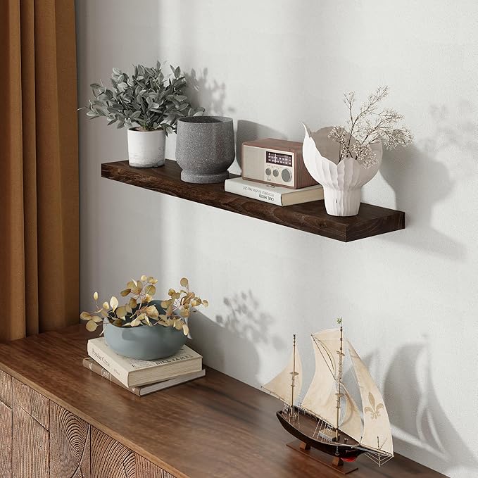 40 Inch Floating Shelves for Wall, Rustic Elm Wood Shelf for Home Decor, Heavy-Duty Wooden Floating Shelves for Kitchen, Wall Mounted Storage Shelves for Bathtoom, Living Room, Walnut Color, Set of 1