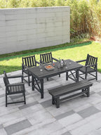 HDPE Outdoor Dining Set of 6, Patio Dining Table Set with 4 Chairs and 1 Bench, 6 Pieces HDPE Dining Set with Umbrella Hole, Outdoor Furniture Sets for Deck, Poolside, Garden, Obsidian