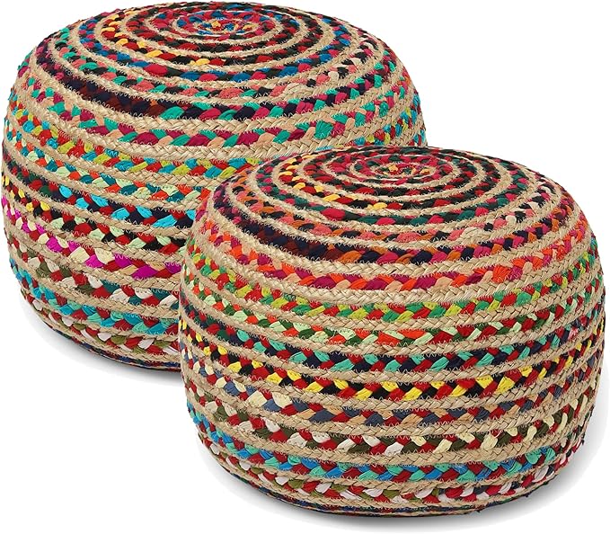 REDEARTH · Round Pouf Ottoman - Braided Boho Poof Home Décor Pouffe Accent Sitting Circular Foot Rest for Living Room, Bedroom, Nursery, Lounge; Jute and Cotton Set of 2 (19.5"x19.5"x14"; Multi)