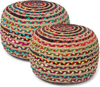 REDEARTH · Round Pouf Ottoman - Braided Boho Poof Home Décor Pouffe Accent Sitting Circular Foot Rest for Living Room, Bedroom, Nursery, Lounge; Jute and Cotton Set of 2 (19.5"x19.5"x14"; Multi)