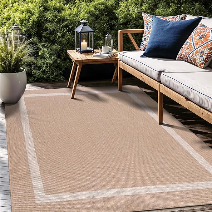 Bordered Outdoor Rug 9x12 Washable Outside Carpet for Indoor Patio Porch Waterproof Easy Cleaning Non Shedding Area Rugs Beige 9 x 12