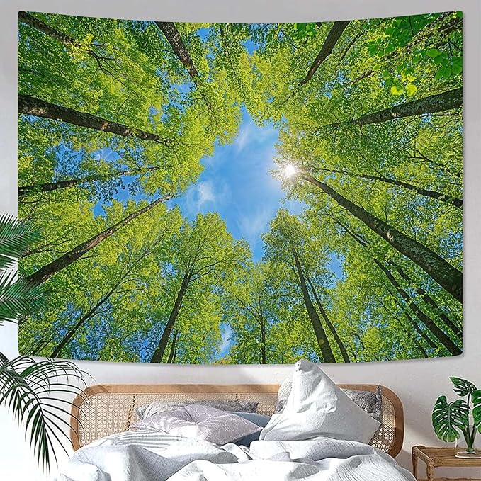 AMM Nature Forest Tree Celling Tapestry Lush Green Treetops Sunlit Tapestry for Bedroom Aesthetic Sky Sunlight Canopy Leaves Landscape Tapestries Wall Hanging for Living Room Dorm Office 48 x 36 Inch