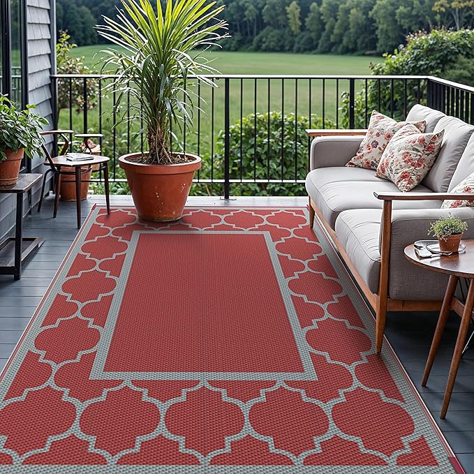 GENIMO 5' x 8' Outdoor Rug Waterproof for Patio Decor, Foldable Reversible Plastic Straw Area Rugs Mat for Camper, Outside Carpet for Rv, Deck, Porch, Picnic, Beach, Balcony, Red & Grey