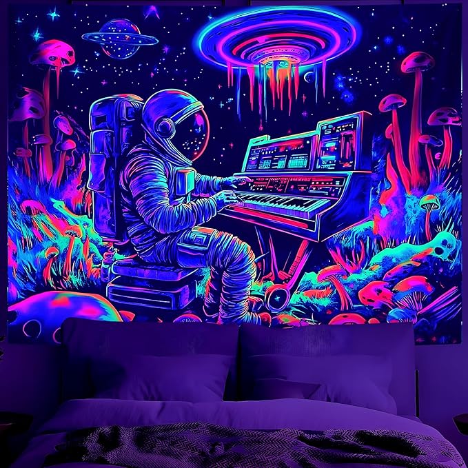 BVBOX Astronaut Space Blacklight Tapestry 90"x70", UV Reactive Astronaut Electronic Piano Universe Galaxy Planet Glow in Dark Music Tapestries, Black Light Neon Upright Poster Wall Hanging Backdrop Decor for Bedroom Living Room