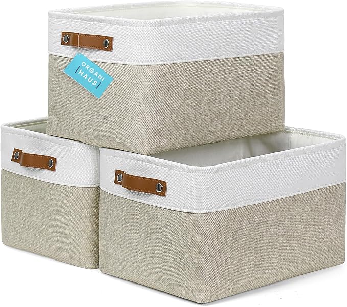 OrganiHaus Large Fabric Storage Baskets for Shelves 3 Pack, 15x11in Closet Storage Bins for Shelves, Cloth Baskets for Organizing, Linen Closet Organizers, Fabric Basket, Beige/White
