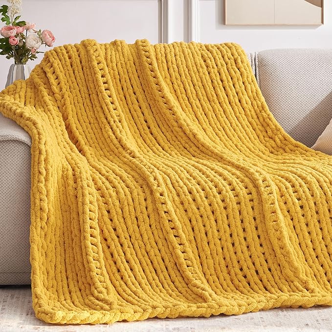 Chunky Knit Throw Blanket, 40''*50'' Knitted Throw Chenille Yarn for Bed Couch, Handmade Yellow Crochet Big Thick Blanket, Machine Washable Cute Comfy Blanket for Home Decor