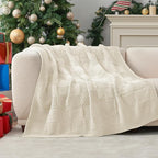 Amélie Home Chenille Knit Throw Blanket for Couch, Checkered Texture Decorative Soft Blanket for Sofa, Bed & Living Room, 50"x60", Ivory