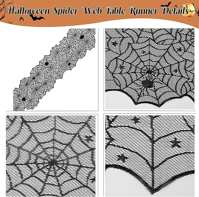 3 Pack Halloween Decorations Sets, Black Lace Spider Webs Table Runner & Halloween Cobweb Fireplace Scarf with 120 pcs 3D Bat for Halloween Indoor Decors Party Supplies