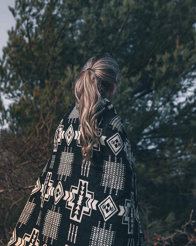 Inca Aztec Throw, Queen, King Blanket | Southwest Indian Navajo Boho Style | Native Cover for Camping, Bedding, Couch, Vanlife | Faux Alpaca, Lightweight, Hypoallergenic (Obsidian Black, Queen)