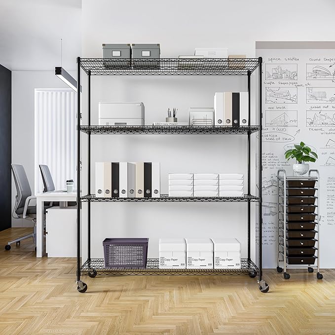 Seville Classics UltraDurable Heavy Duty NSF Solid Steel Wire Rack Storage Unit, Organizer for Garage, Warehouse, Office, Restaurant, Classroom, Kitchen, Black, 4-Tier Shelving, 60" W x 24" D