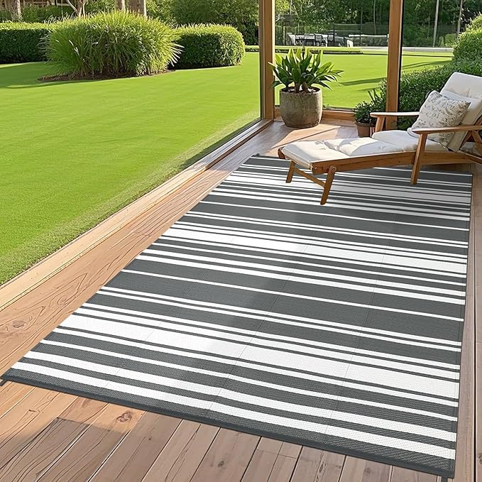 Outdoor Patio Rug 9x12 Stain-Resistant Reversible Camping Mat, Modern Striped Outdoor Plastic Straw Rug, Waterproof Outside Carpet, Easy to Clean for RV, Porch, Deck, Balcony, Grey