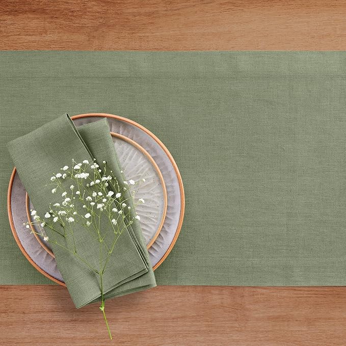 Solino Home Linen Oil Green Table Runner 90 Inches Long - 100% Pure Linen 14 x 90 Inch Table Runner for Fall, Autumn, Thanksgiving - Fete