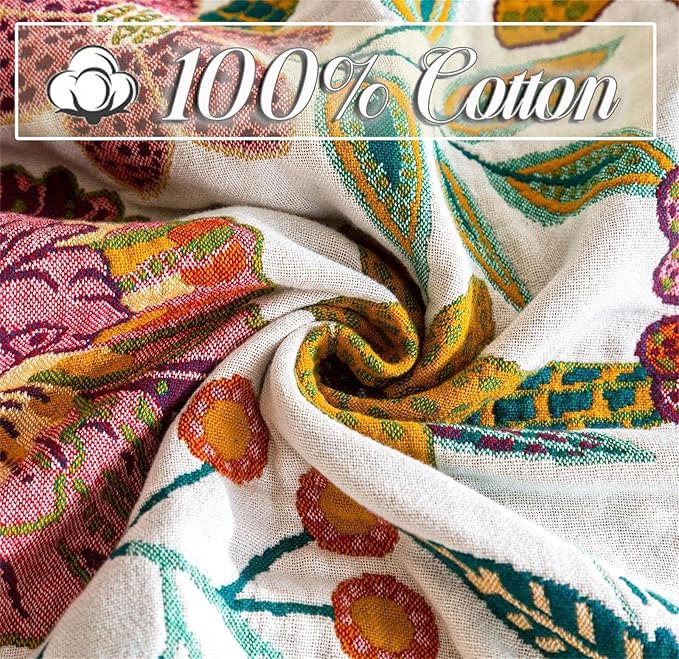 Summer Throw Blanket for Couch Bed Chair, 100% Cotton Muslin Breathable Woven Throws 60''x 80'' Boho Vintage Quilt for All Seasons Warm Lightweight Farmhouse Blankets Home Decoration