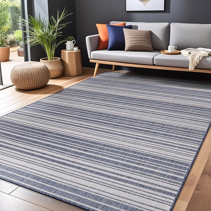 Stripe Outdoor Rug 6x9 Washable Outside Carpet for Indoor Patio Porch Waterproof Easy Cleaning Non Shedding Area Rugs Blue 6 x 9