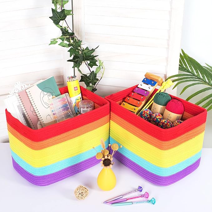 MINTWOOD Design 3-Pack Storage Baskets for Shelves, Playroom and Classroom, Book Basket, Decorative Storage Cube Bins, Woven Closet Organizers, Pantry and Shoe Organizer, Rainbow