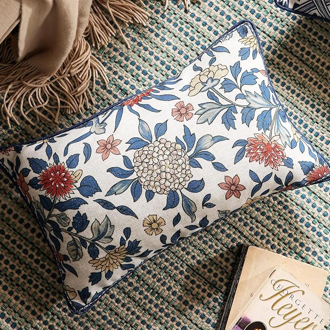 patdrea Designer Floral Linen Throw Pillow Covers,Blue French Cottage Flower Pattern Decorative Pillowcases Cushion for Bed Living Room Outdoor Car,Pack of 4