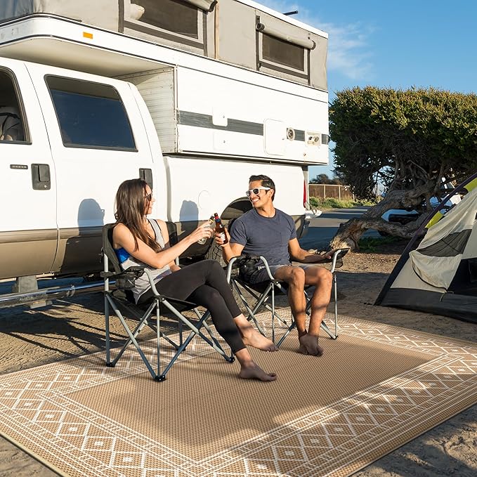 GENIMO Outdoor Rug Waterproof 6'x9' for Patio, Foldable Reversible Plastic Straw Carpet for Travel Trailers, Outside Area Mat for Rv, Deck, Picnic, Porch, Camper, Balcony, Beach, Brown & Beige