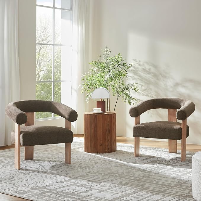 VKNOW Accent Chair Living Room Chair, Modern Upholstered Armchair with Solid Wood Legs, Comfy Barrel Arm Chairs for Living Room Bedroom, Brown