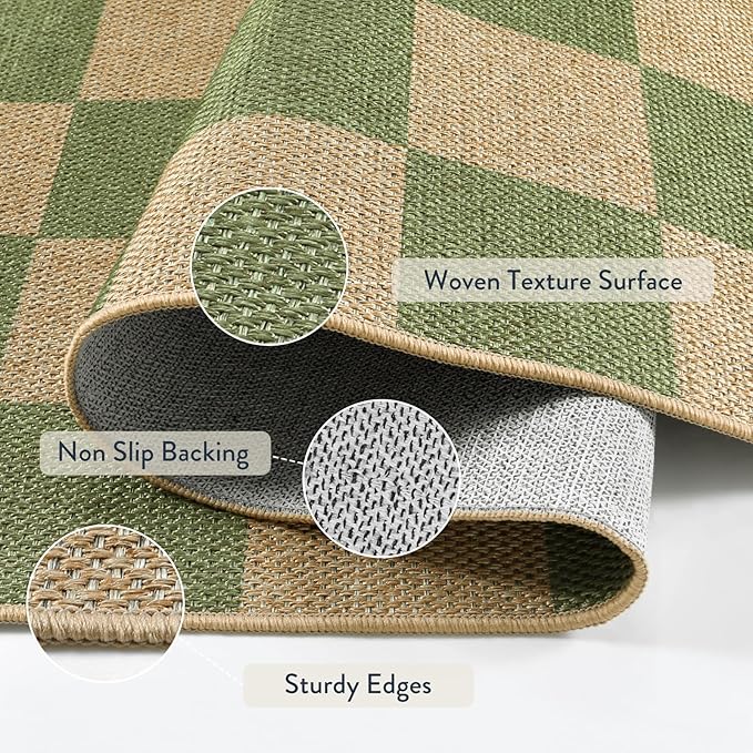 Lahome Checkered 3x5 Washable Rug, Green Easy Jute Rug for Entryway Living Room, Modern Non Slip Non Shedding Indoor Outdoor Carpet for Porch Deck Kitchen