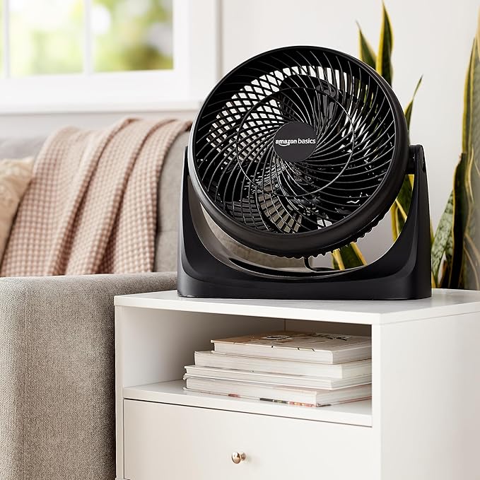 Amazon Basics Air Circulator Fan, Desk Fan for Bedroom, Home and Office, With 90-Degree Tilt Head, 3 Speed Settings, Lightweight (4.2 LBS), 70 Watts, Black, 14.8"Wx7.6"Dx14.1"H